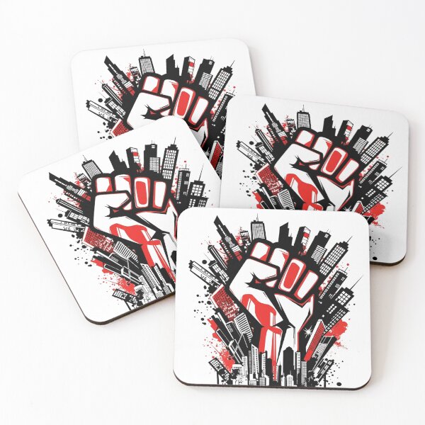 Item preview, Cityscape in the shape of a fist, with bold red and black hues, against a dark, gritty urban background. designed and sold by VerizalShop.