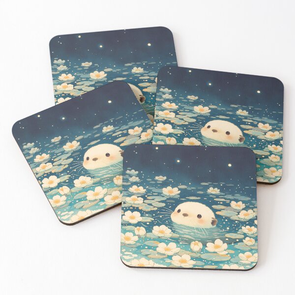 Item preview, Kawaii Baby Otter Swimming in White Flower Pond Under Starry Night Sky designed and sold by AshiraCreations.
