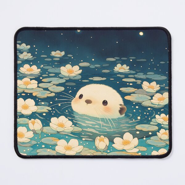 Item preview, Kawaii Baby Otter Swimming in White Flower Pond Under Starry Night Sky designed and sold by AshiraCreations.