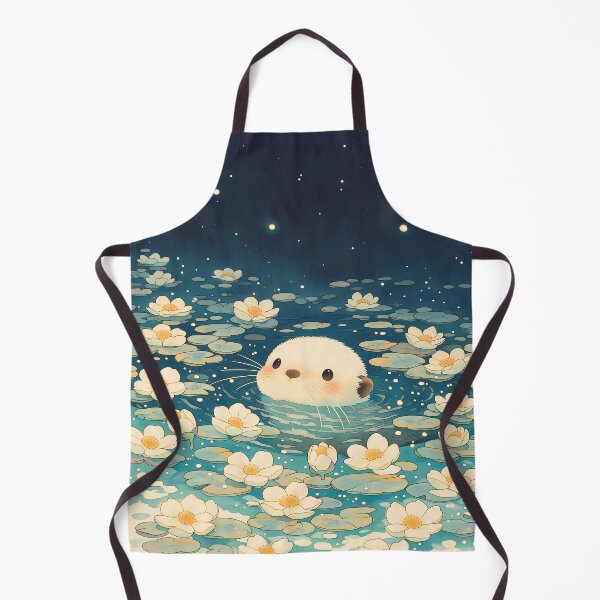 Item preview, Kawaii Baby Otter Swimming in White Flower Pond Under Starry Night Sky designed and sold by AshiraCreations.
