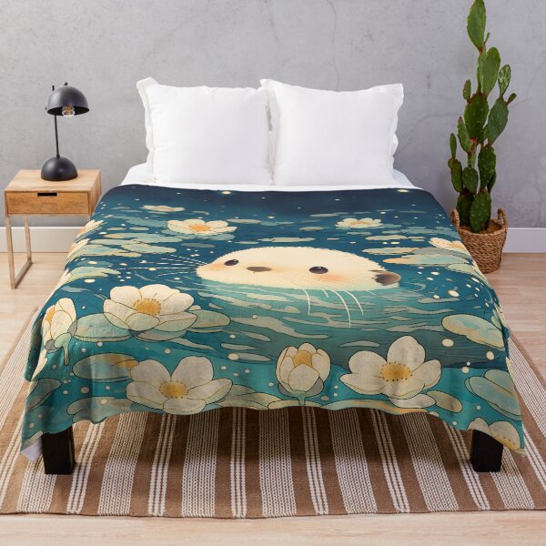 Item preview, Kawaii Baby Otter Swimming in White Flower Pond Under Starry Night Sky designed and sold by AshiraCreations.
