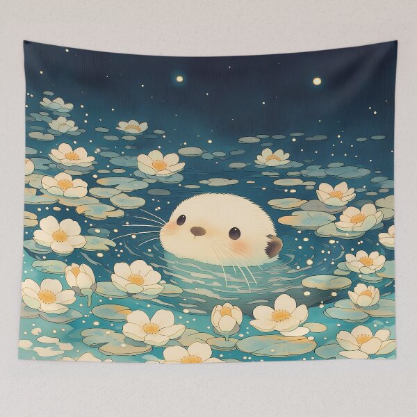 Item preview, Kawaii Baby Otter Swimming in White Flower Pond Under Starry Night Sky designed and sold by AshiraCreations.