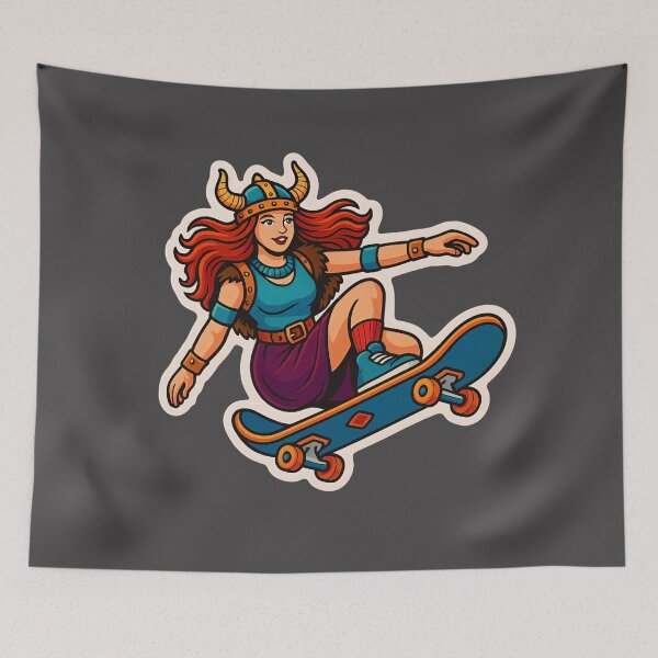 Item preview, Valkyrie Barbarian Pinup Skateboarder Fantasy Viking Art Print designed and sold by PinUpPizzazz.