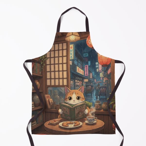 Item preview, A cute cat reading a book in a Japanese cafe at night. designed and sold by VantorAS.