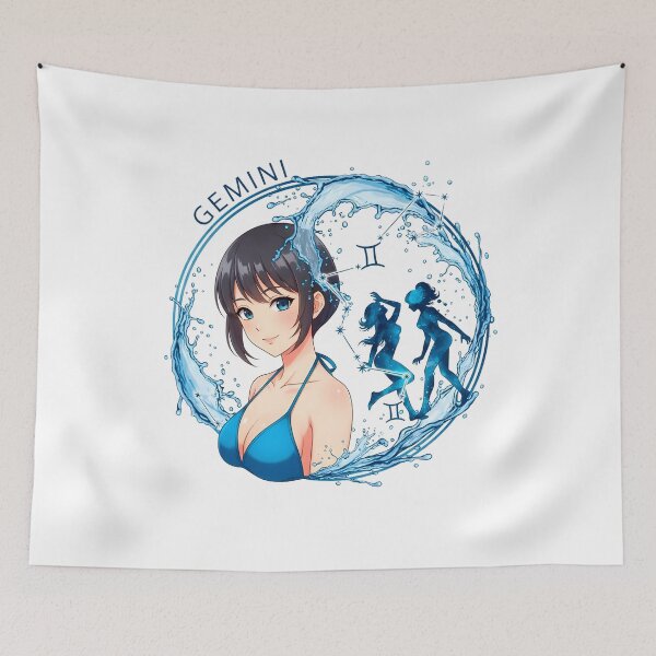 Item preview, Gemini Anime Zodiac Girl – Duality & Air Sign Art Sumi-e Ukiyo-e Watersplash ink Art designed and sold by blacksealstudio.