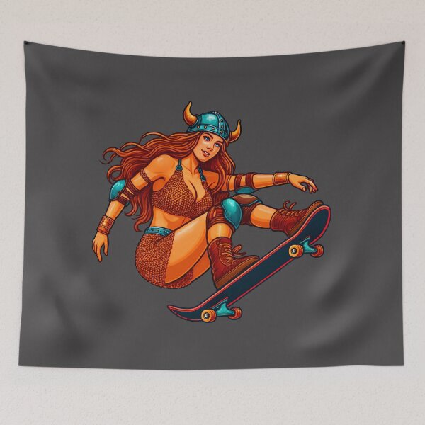 Item preview, Valkyrie Barbarian Pinup Skateboarder Fantasy Viking Art Print designed and sold by PinUpPizzazz.