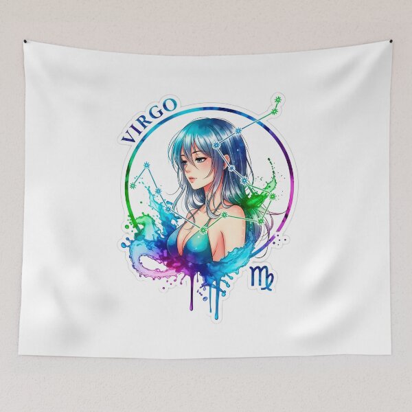 Item preview, Virgo Anime Zodiac Girl – Elegant Earth Sign Illustration Sumi-e Ukiyo-e Watersplash ink Art designed and sold by blacksealstudio.