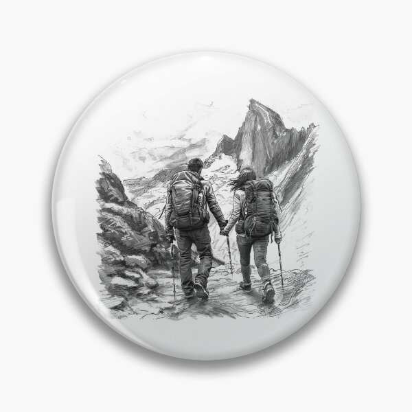 Item preview, Mountain Hikers Illustration – Black and White Adventure and Nature Art designed and sold by inkoutninja.