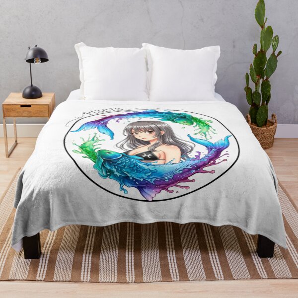 Item preview, Pisces Anime Zodiac Girl – Dreamy Water Sign Art Sumi-e Ukiyo-e Watersplash ink Art designed and sold by blacksealstudio.