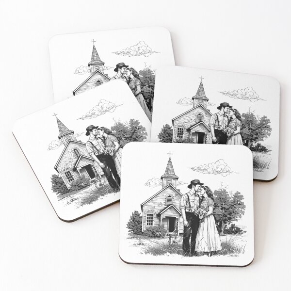 Item preview, Vintage Country Couple at Church – Black and White Rustic Romance Illustration designed and sold by inkoutninja.