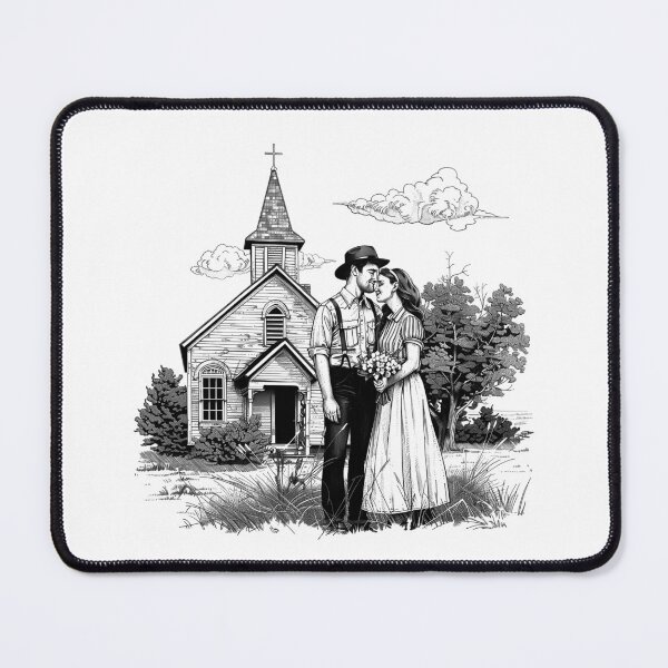 Item preview, Vintage Country Couple at Church – Black and White Rustic Romance Illustration designed and sold by inkoutninja.