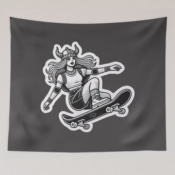 Item preview, Valkyrie Barbarian Pinup Skateboarder Fantasy Viking Art Print designed and sold by PinUpPizzazz.