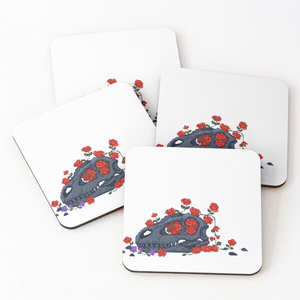 Item preview, Pixel Dinosaur Skeleton with Red Flowers | Floral Retro Pixel Art designed and sold by PunkVerseStudio.