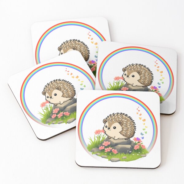 Item preview, Happy Hedgehog - Cute Cartoon Hedgehog Sitting on a Rock with Rainbow designed and sold by Love3Happy.