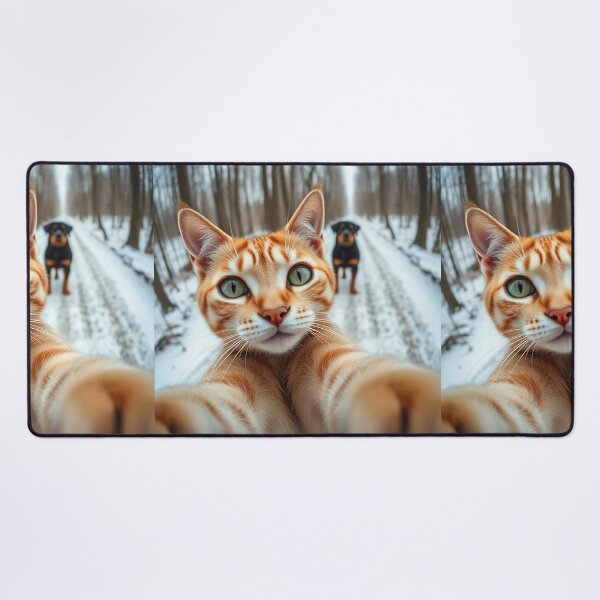 Item preview, Winter Selfie Crew – Tabby Cat and Loyal Rottweilers in Snowy Forest designed and sold by PixelVibe782.