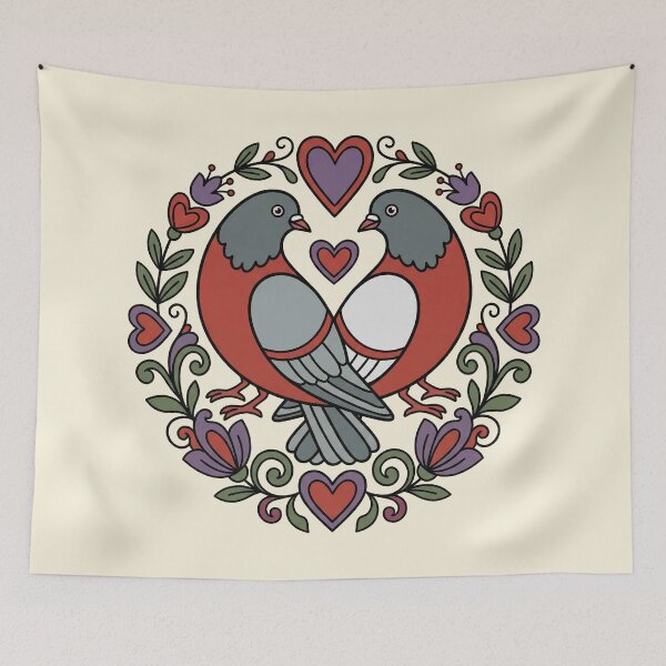 Item preview, Nordic Folk Art Love Birds Floral Heart Wreath Illustration designed and sold by zzz888.