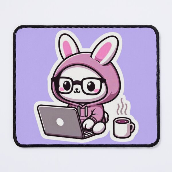 Item preview, Kawaii Rabbit Working on Laptop with Coffee - Gamer Style Home Office designed and sold by ChessyChop.