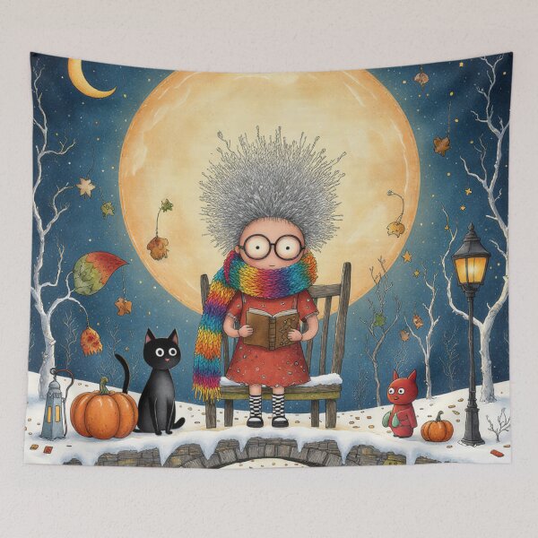 Item preview, Moonlit Reading – Whimsical Girl, Cat and Autumn Night Illustration designed and sold by Whimsical Hug.