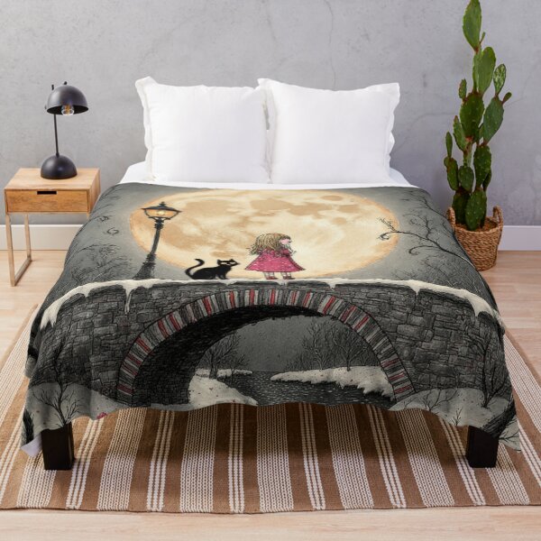 Item preview, Moonlit Bridge – Girl and Black Cat Whimsical Night Illustration designed and sold by Whimsical Hug.