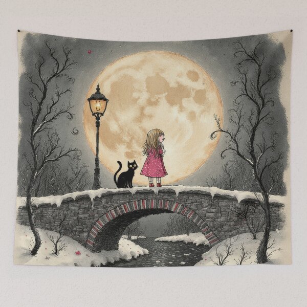Item preview, Moonlit Bridge – Girl and Black Cat Whimsical Night Illustration designed and sold by Whimsical Hug.