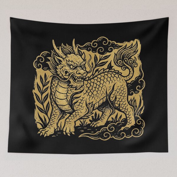Item preview, Ancient Golden Qilin Mythical Beast Woodblock Art designed and sold by zzz888.