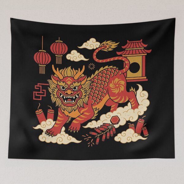 Item preview, Red Nian Beast Firecrackers and Lanterns Lunar New Year Art designed and sold by zzz888.