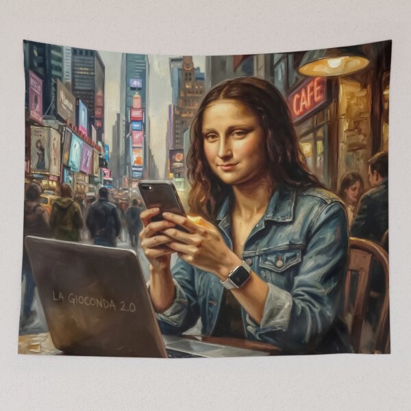 Item preview, Mona Lisa 2.0 // Urban Nomad Girl Aesthetic // Modern Gioconda at Café Print // Gen Z Renaissance Pop Art // Digital Nomad Vibes designed and sold by casaloomaria.