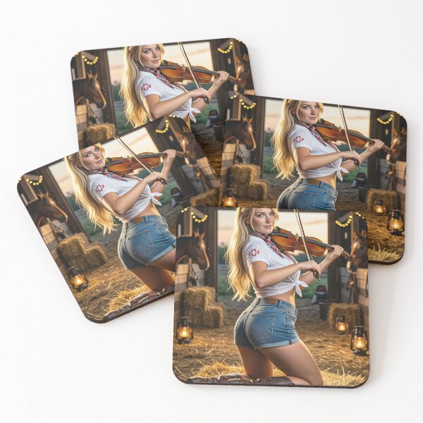 Item preview, Blonde nurse playing fiddle on hay bale in barn designed and sold by CathryneDelamort.