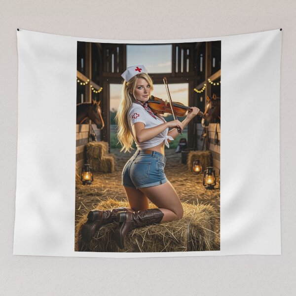 Item preview, Blonde nurse playing fiddle on hay bale in barn designed and sold by CathryneDelamort.