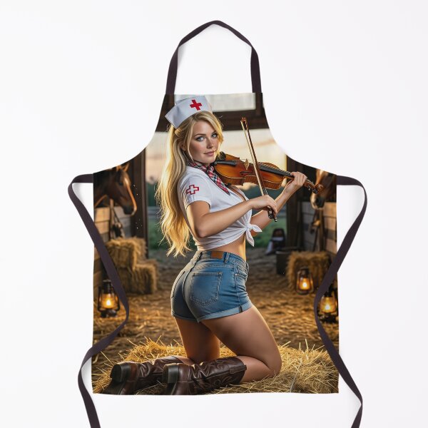 Item preview, Blonde nurse playing fiddle on hay bale in barn designed and sold by CathryneDelamort.