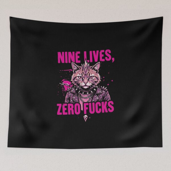 Item preview, Nine Lives Zero Fucks Neon Pink Punk Rock Cat In Leather Jacket designed and sold by 89BLACK.