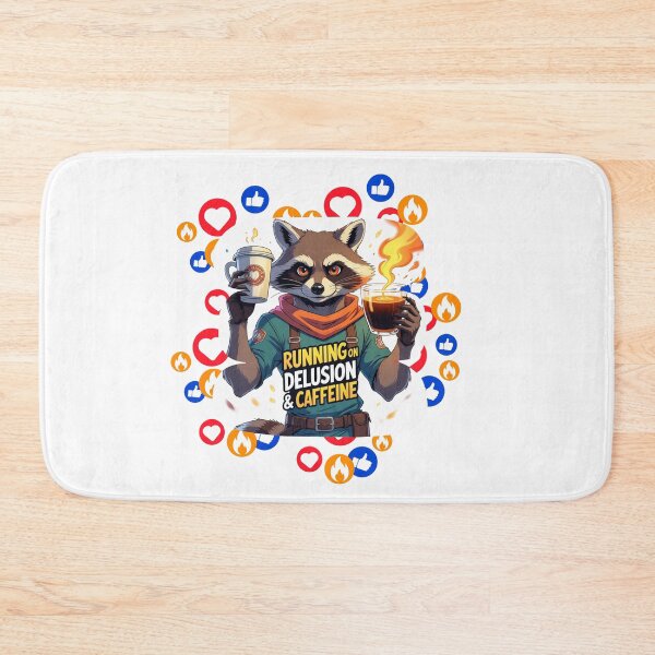 Item preview, Running on Delusion & Caffeine raccoon design designed and sold by SloganSauce.