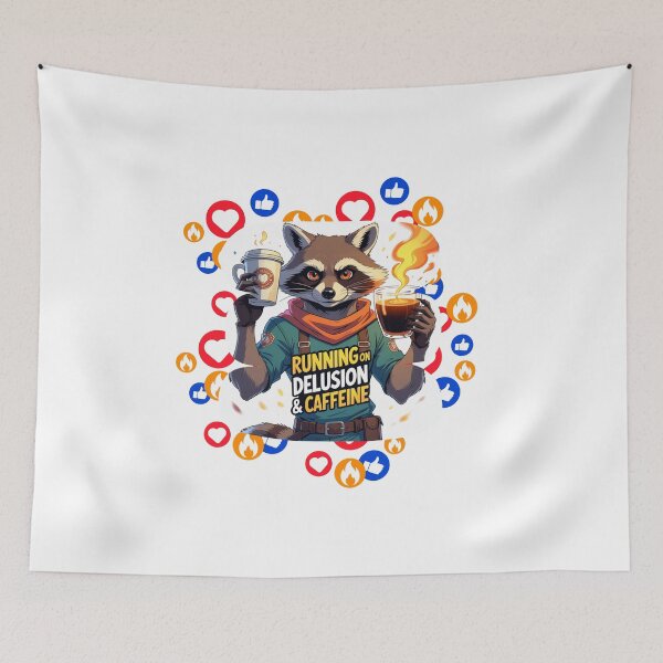 Item preview, Running on Delusion & Caffeine raccoon design designed and sold by SloganSauce.