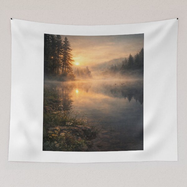 Item preview, Morning Lake Mist – Tranquil Sunrise Reflections over a Serene Forest Lake designed and sold by Artflare Studio.