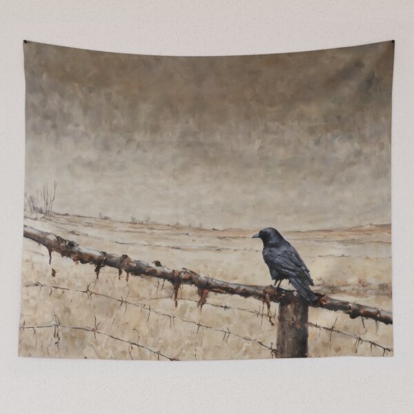 Item preview, Black Crow on Barbed Wire – Dark Nihilistic Oil Painting designed and sold by Visualynx.