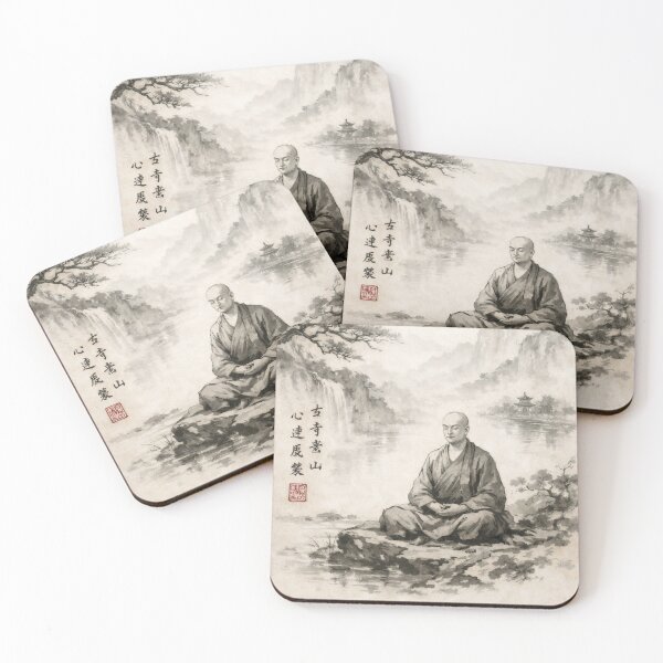 Item preview, Chinese ink painting of a meditating monk in a classic mountain landscape, black and white Chinese painting designed and sold by Kallandra.