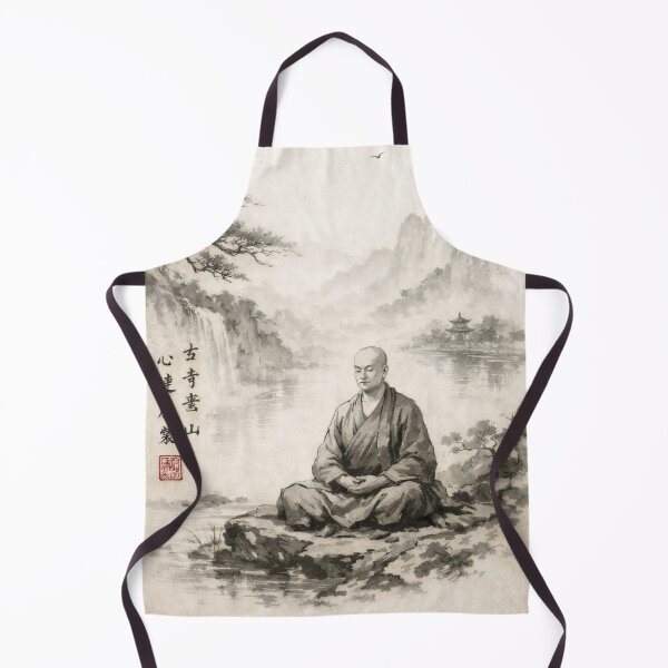 Item preview, Chinese ink painting of a meditating monk in a classic mountain landscape, black and white Chinese painting designed and sold by Kallandra.