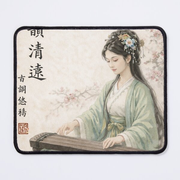Item preview, Chinese ink painting, young Chinese woman in green dress playing an instrument, Chinese painting designed and sold by Kallandra.