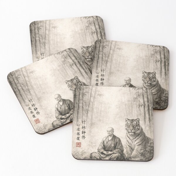 Item preview, Chinese ink painting of a meditating monk with a tiger in a bamboo forest, black and white Chinese painting designed and sold by Kallandra.