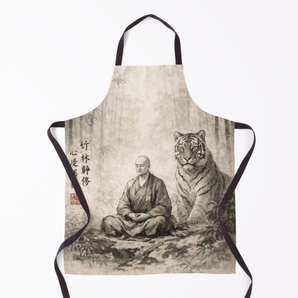 Item preview, Chinese ink painting of a meditating monk with a tiger in a bamboo forest, black and white Chinese painting designed and sold by Kallandra.