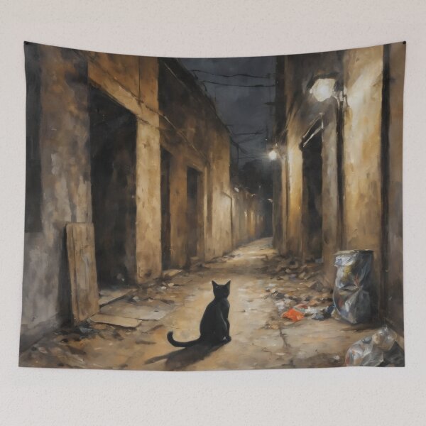 Item preview, Solitary Black Cat in Dark City Alley - Urban Noir Art designed and sold by Visualynx.
