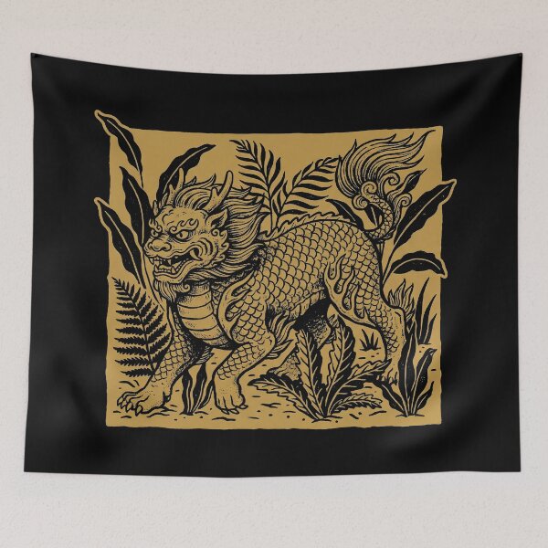 Item preview, Golden Qilin Nian Beast Woodblock Print Style Square Art designed and sold by zzz888.