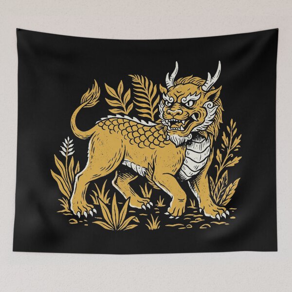 Item preview, Golden Qilin Mythical Beast Woodblock Style Art designed and sold by zzz888.