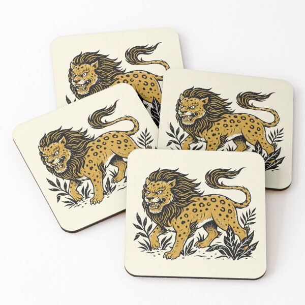 Item preview, Fierce Golden Lion Leopard Mythical Beast Woodblock Art designed and sold by zzz888.