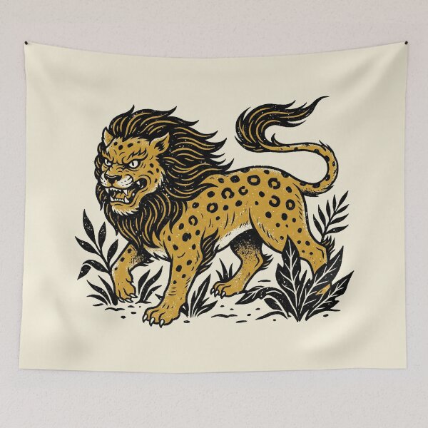 Item preview, Fierce Golden Lion Leopard Mythical Beast Woodblock Art designed and sold by zzz888.