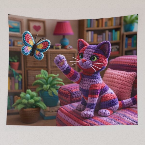Item preview, Crocheted Cat Playing with Butterfly designed and sold by cuprum.