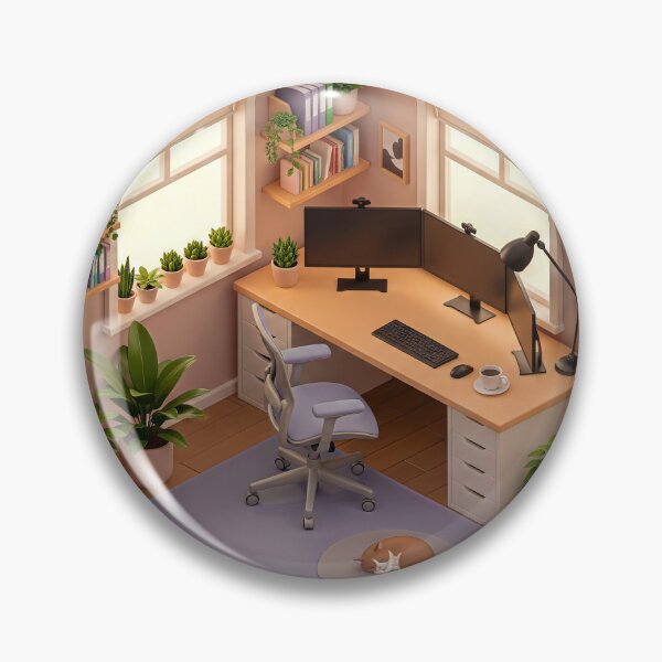 Item preview, Cozy isometric 3D workspace with desk, dual monitors, office chair, indoor plants, and a sleeping cat. Minimalist home office interior design on white background. Clean aesthetic. designed and sold by PEUCETA-BA.