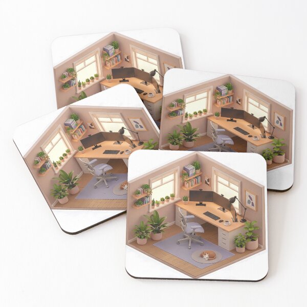 Item preview, Acogedor espacio de trabajo isométrico 3D con escritorio, dos monitores, silla de oficina, plantas de interior y un gato durmiendo. Diseño minimalista de oficina en casa sobre fondo blanco. Estética limpia. designed and sold by PEUCETA-BA.