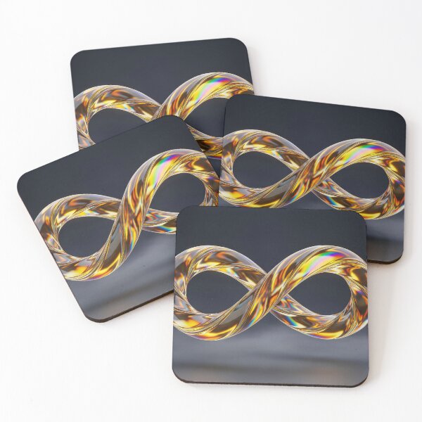 Item preview, 3D render of a golden liquid glass infinity symbol on dark studio background. Abstract Mobius strip loop representing neurodiversity, eternity, and continuity. High quality texture. designed and sold by PEUCETA-BA.