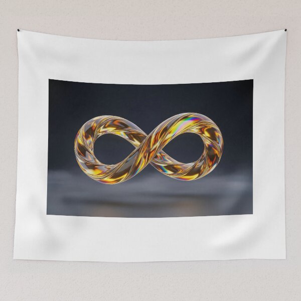Item preview, 3D render of a golden liquid glass infinity symbol on dark studio background. Abstract Mobius strip loop representing neurodiversity, eternity, and continuity. High quality texture. designed and sold by PEUCETA-BA.